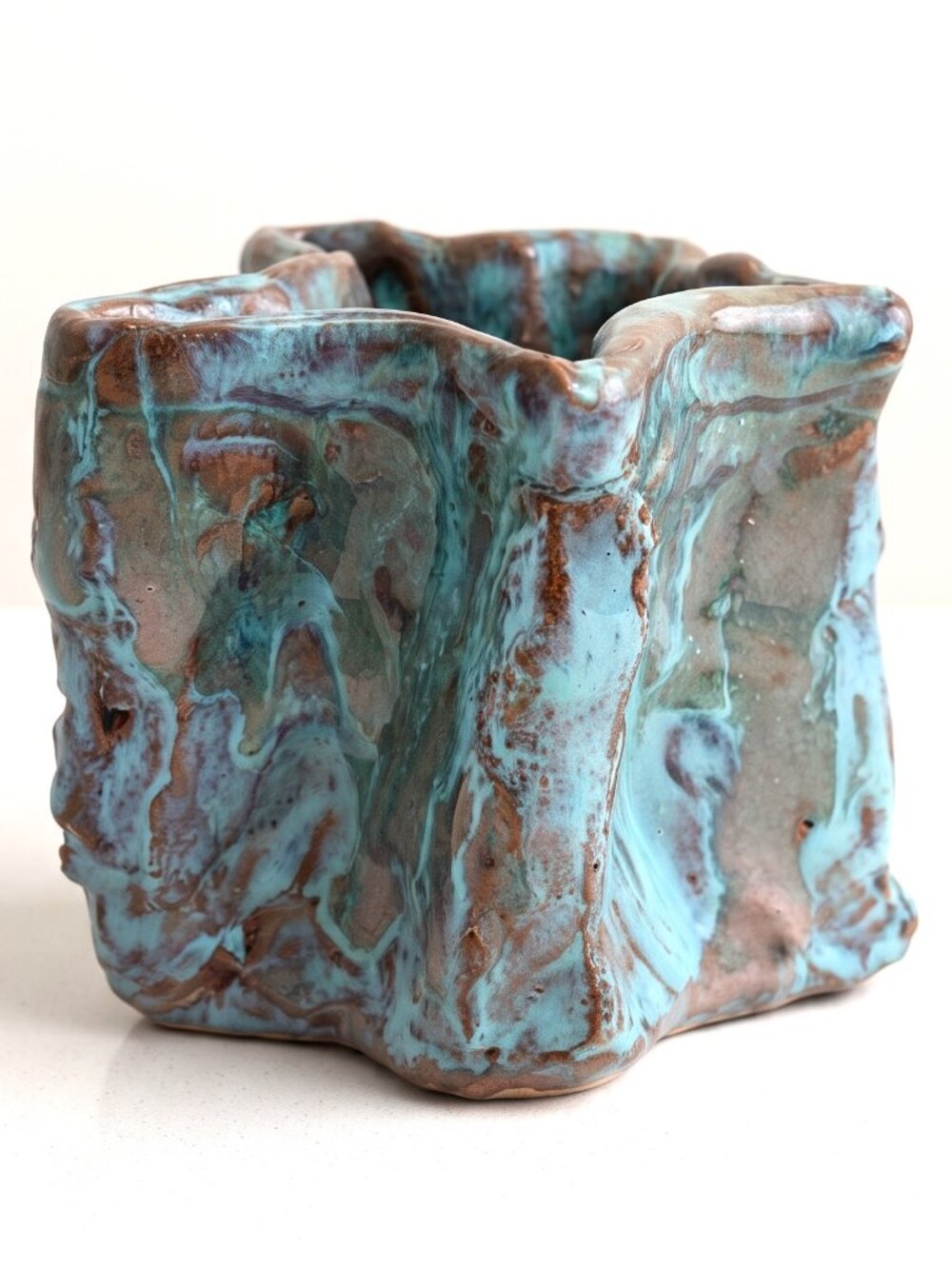 Signed SWBE Studio Art Pottery Blue Brown Drip Glaze Organic Vessel Planter 4”